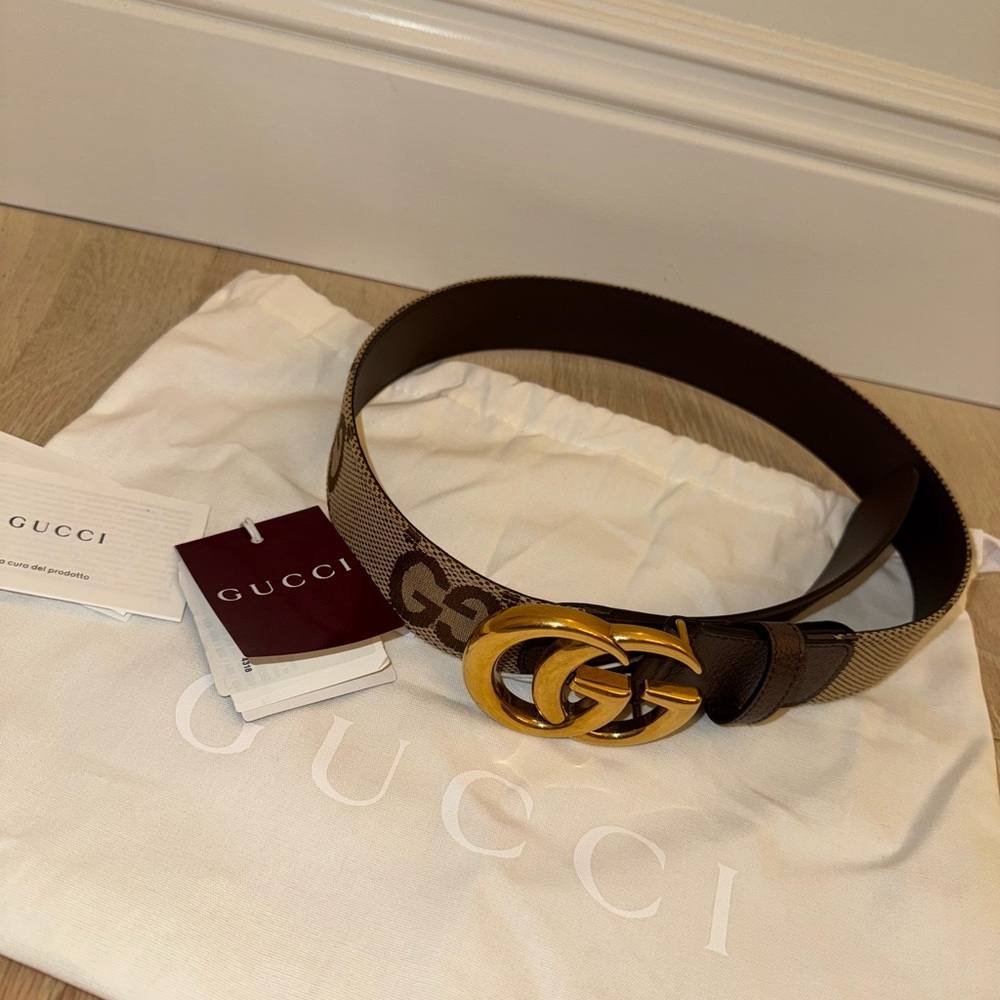 Gucci GG Supreme Canvas Belt, Double G Marmont, Camel/Ebony, Size 80 (32”)